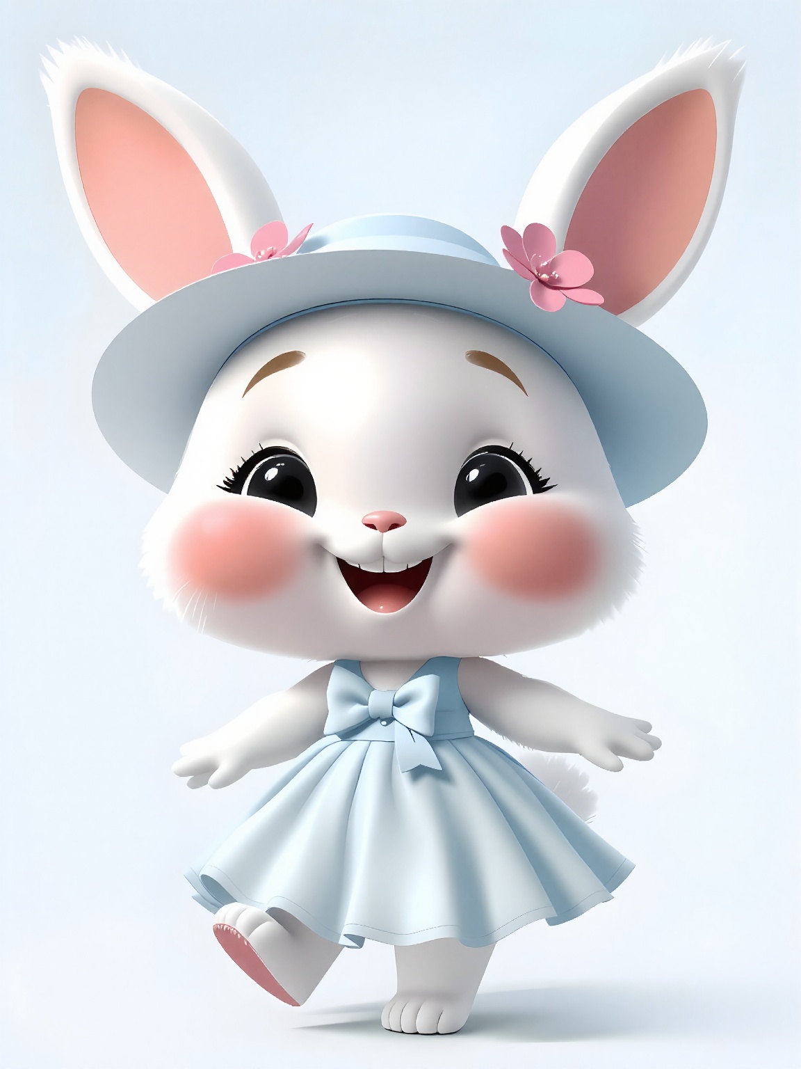 A cheerful,  animated white bunny dressed in a light blue dress twirls gracefully. The outfit features a delicate bow at t...