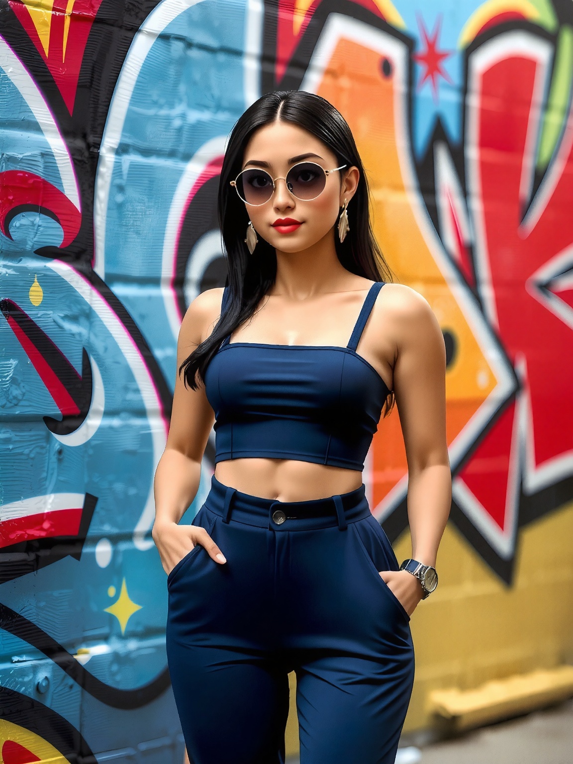 A woman stands confidently in front of a vibrant graffiti wall. She wears a chic,  navy blue ensemble featuring a midriff-...