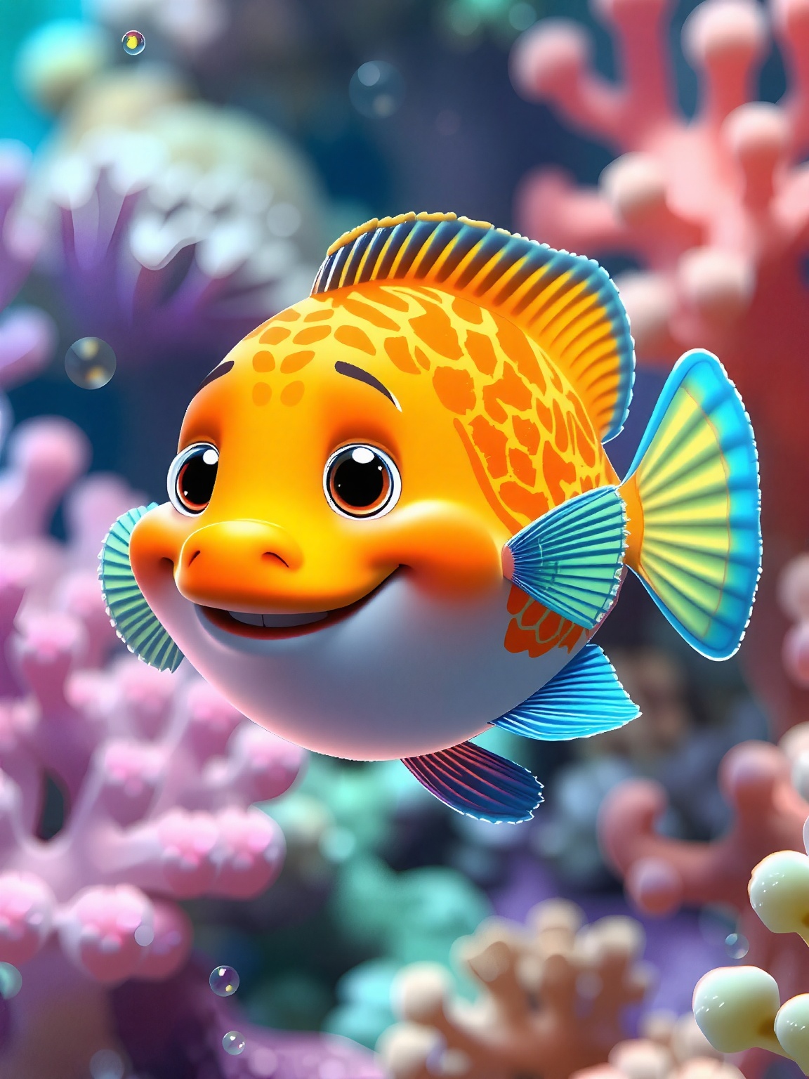 A vibrant,  cartoon-style fish with a large,  friendly smile swims amidst a colorful coral reef. The fish displays a strik...