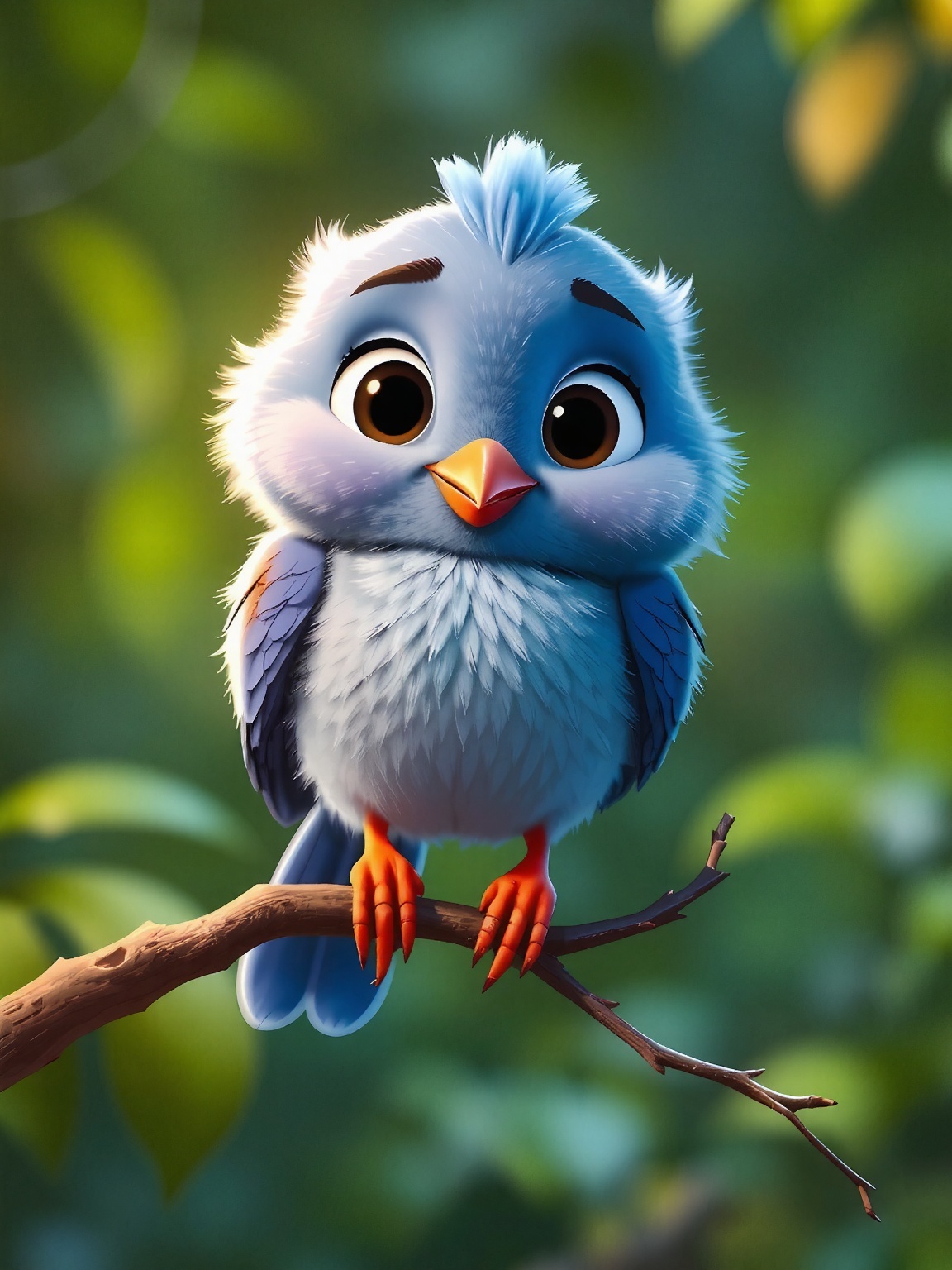 A charming,  cartoon-style blue bird perches on a twisted branch,  its fluffy feathers illuminated by warm on Tensor.Art