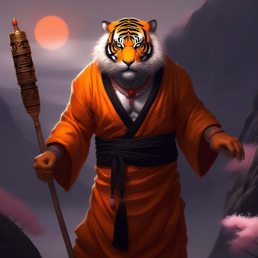 Anthro male were-tiger,  muscular and imposing,  striped orange-and-black fur shimmering in moonlight on Tensor.Art