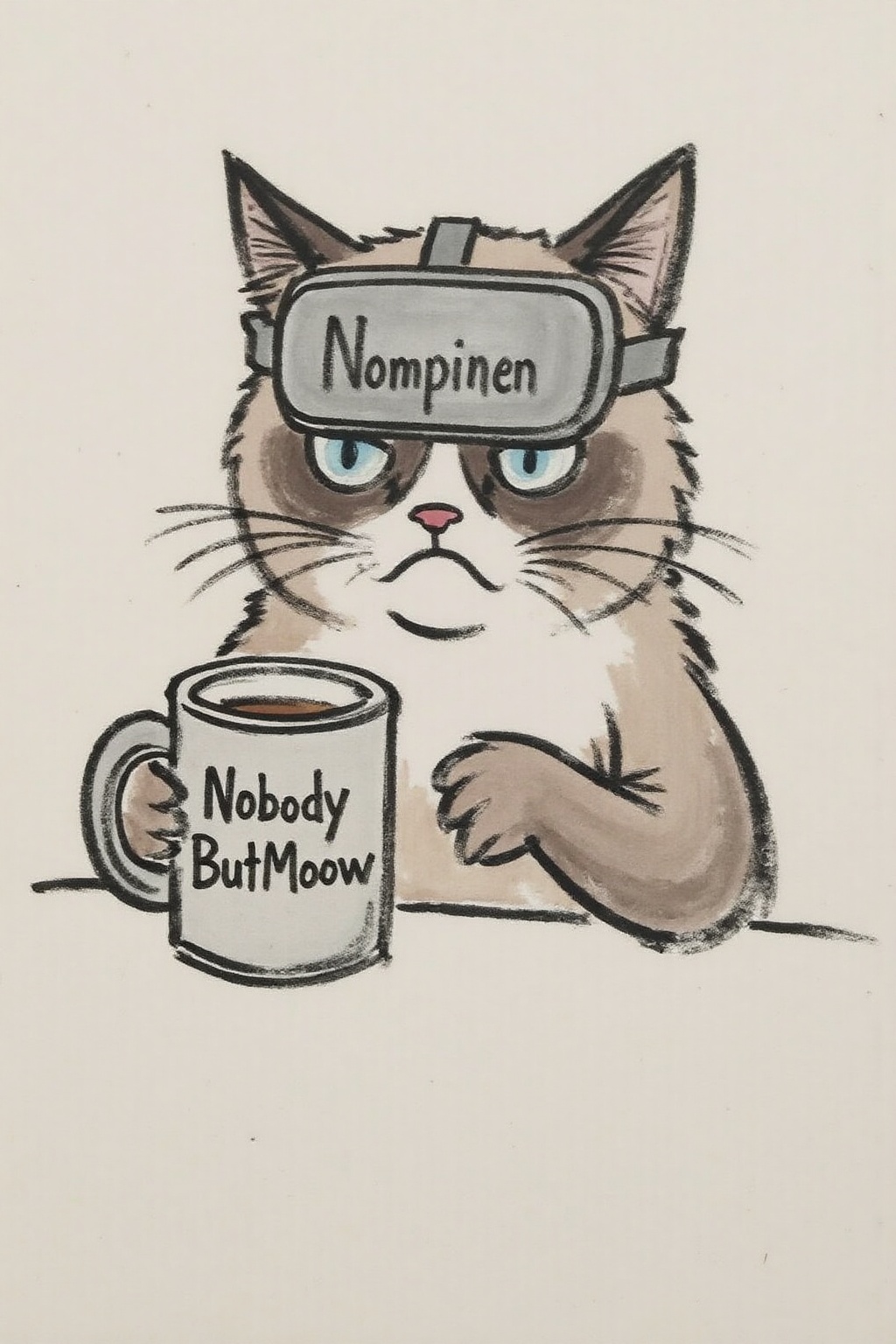 fzk1 ink painting. Grumpy Cat holding a coffee mug,  wearing a VR Headset. The mug has the phrase "NobodyButMeow" printed...