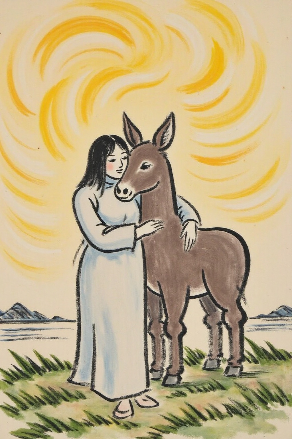 fzk1 ink painting. A surreal,  dreamlike scene with a woman and an anthropomorphic donkey embracing. The woman,  with long...
