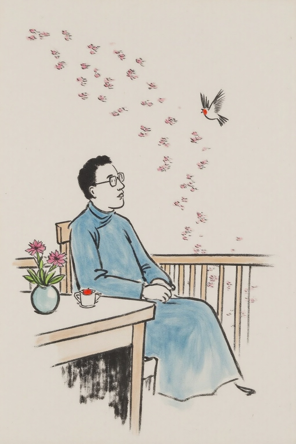 fzk1 ink painting. A man sitting on a wooden chair on a balcony. The man wears glasses and a blue traditional Chinese robe...
