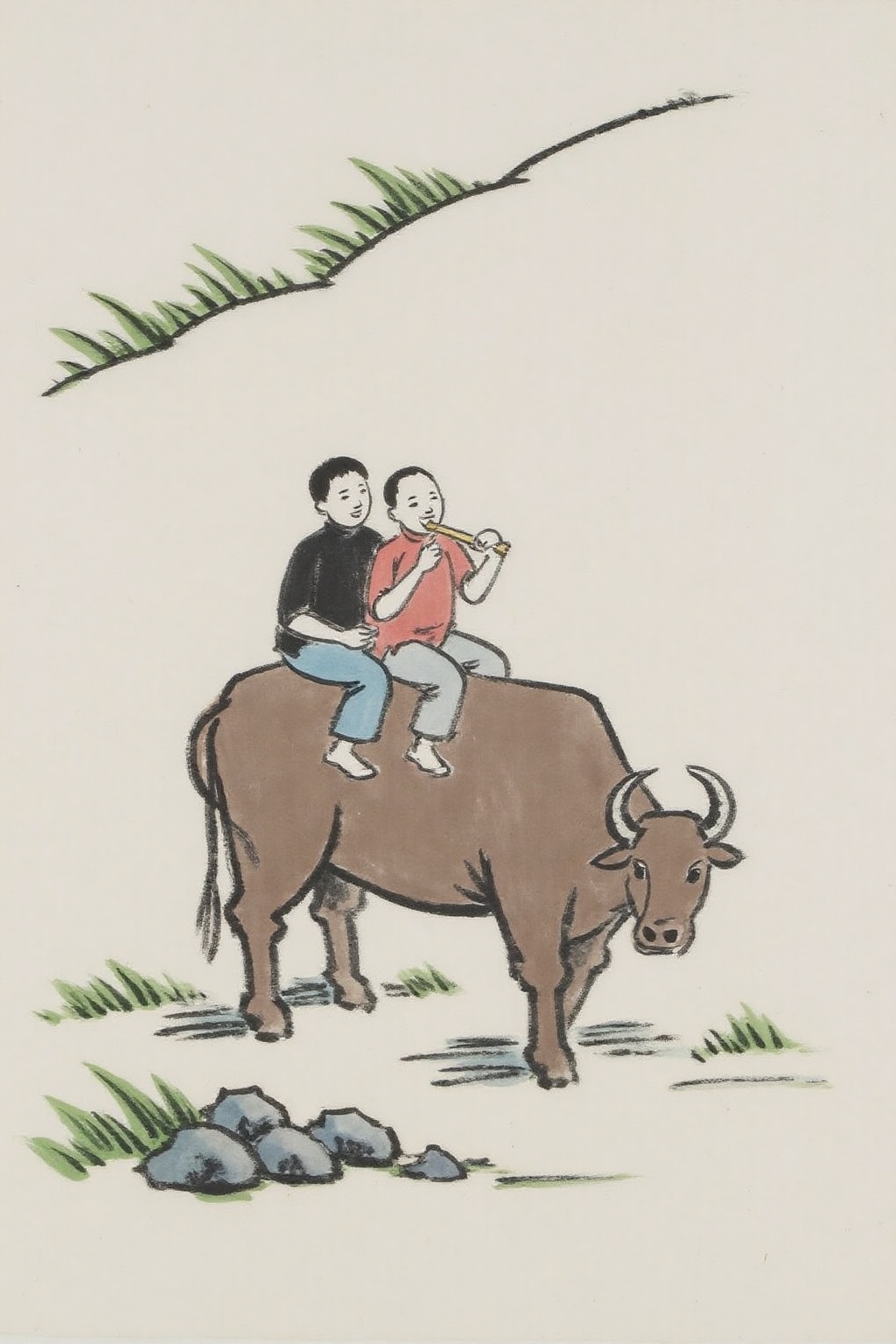fzk1 ink painting. Two boys riding a water buffalo in a natural,  outdoor setting. The scene is set against a gentle,  und...