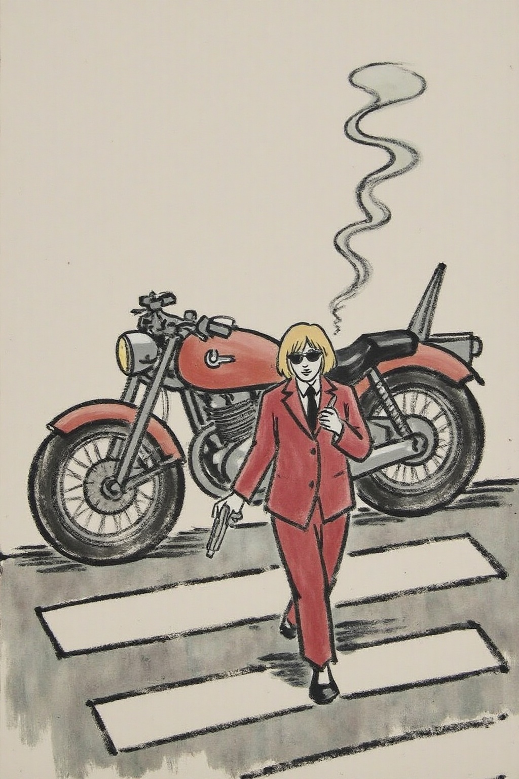 fzk1 ink painting. Overhead shot of an Blonde woman walking away from a futuristic motorcycle parked at a zebra crossing....