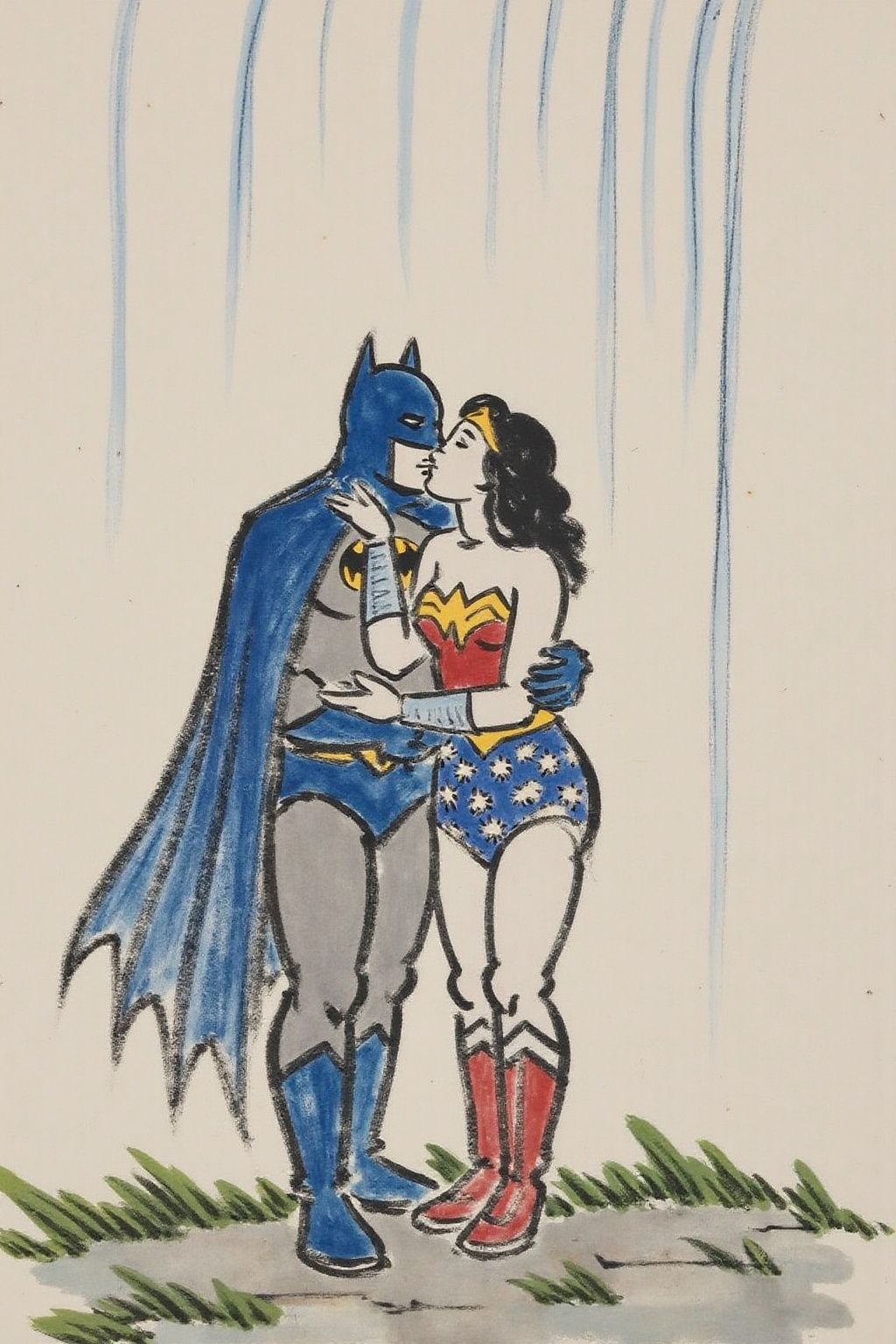 fzk1 ink painting. Batman and Wonder Woman kissing in the rain on Tensor.Art