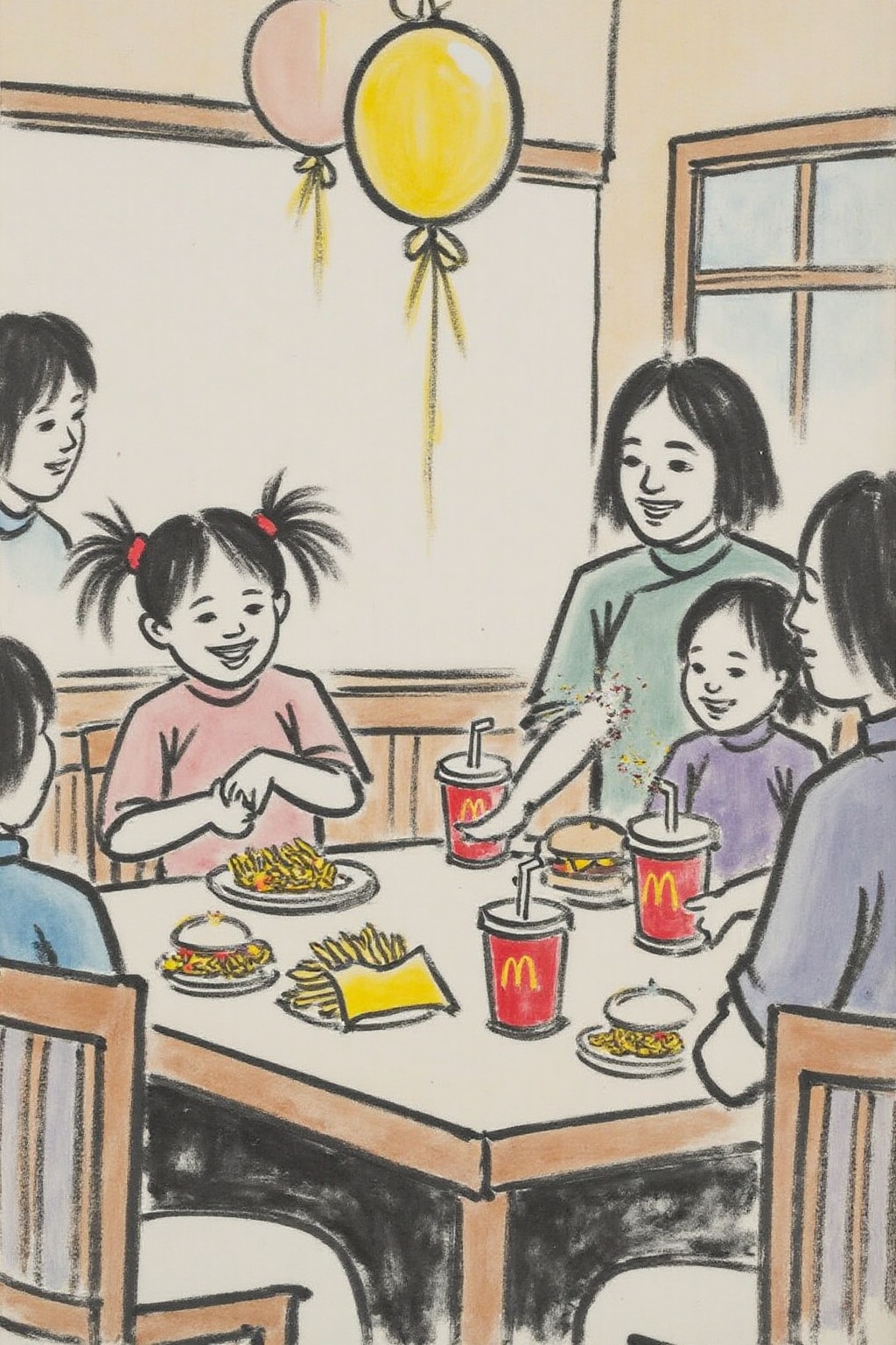 fzk1 ink painting. fzk1 minimalist ink painting. A four-year-old girl with twin pigtails is celebrating her birthday at Mc...