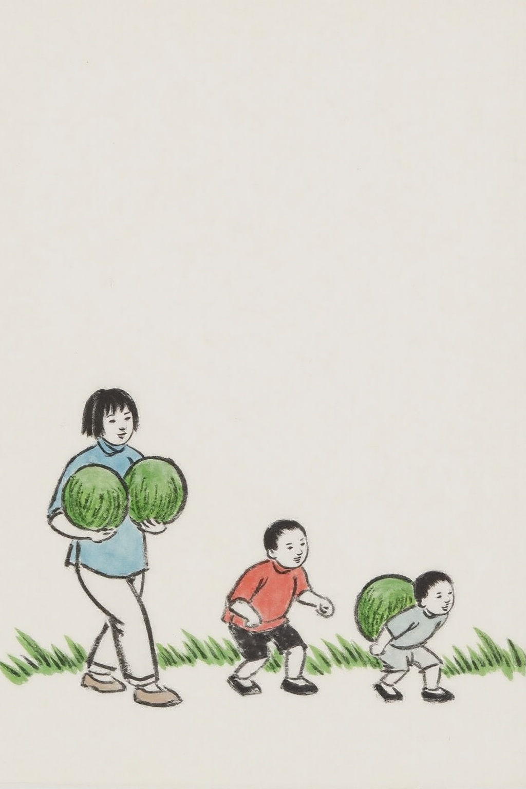 fzk1 ink painting. A woman and two children,  carrying watermelons. On the left,  a woman with short black hair and wearin...