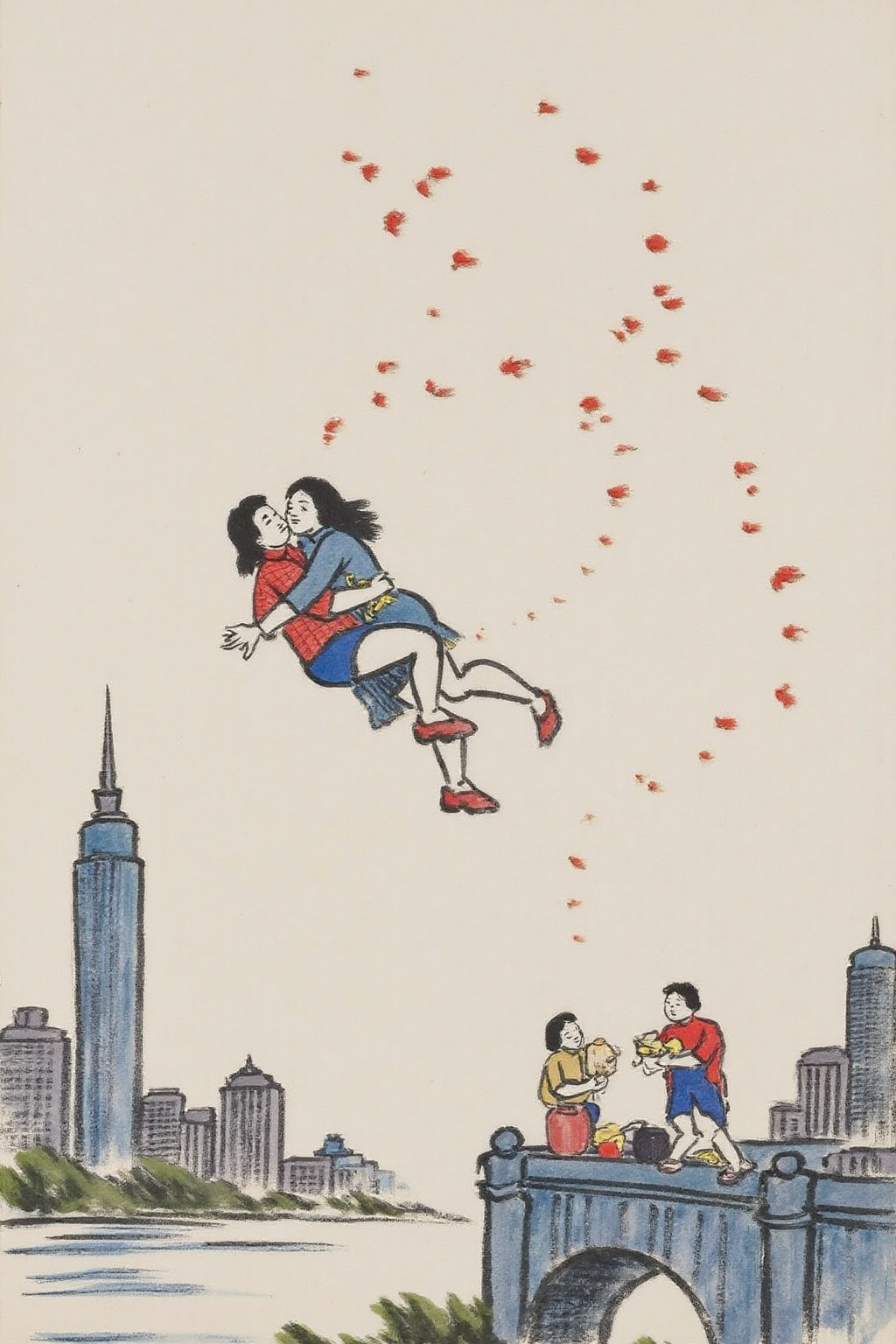 fzk1 ink painting. spiderman and wonder woman,  kissing,  floating above Shanghai on Tensor.Art
