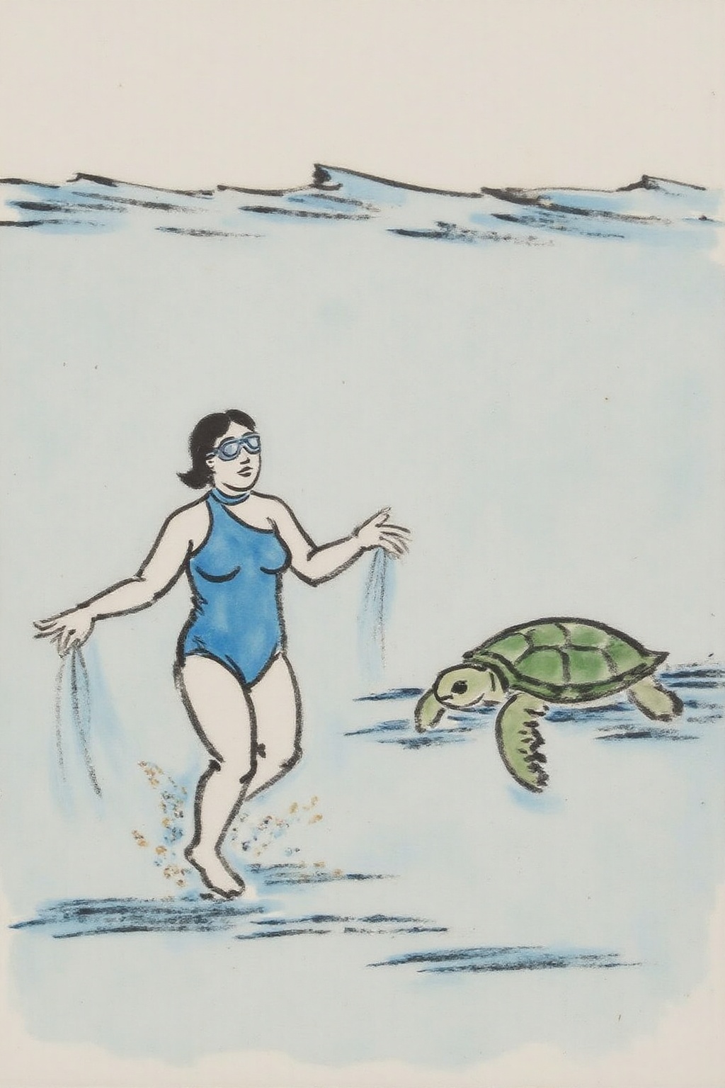 fzk1 ink painting. A woman swimming underwater. The woman is wearing a blue one piece swimsuit,  and she is wearing goggle...
