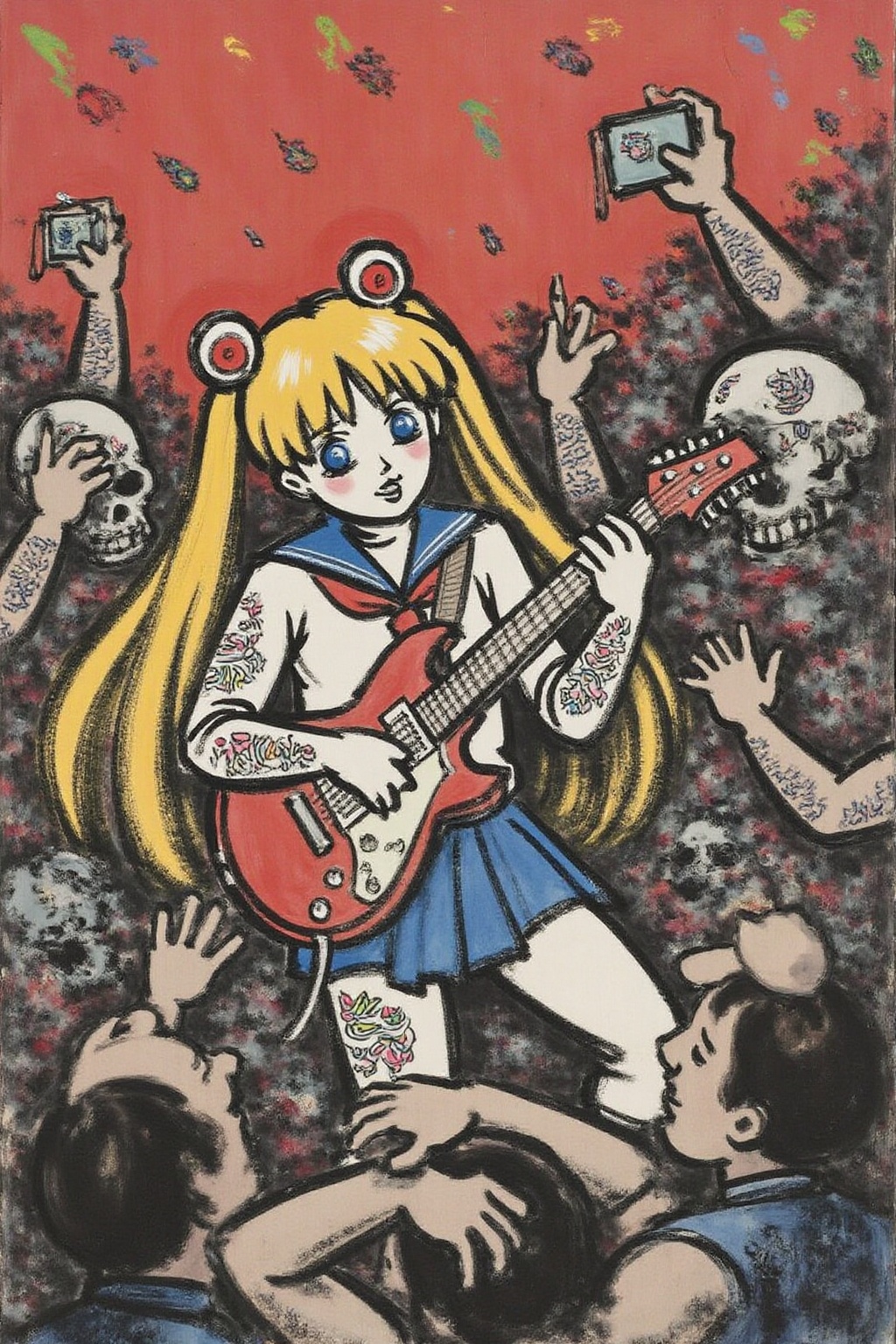 fzk1 ink painting. punk sailor moon playing a guitar at a heavy metal mosh pit,  tattoos,  piercing. on Tensor.Art