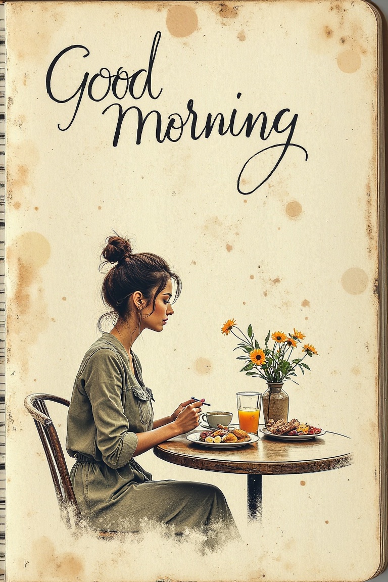 A smudged notebook page with faint stains,  featuring a hand-drawn sketch of a woman enjoying breakfast at a café table in...