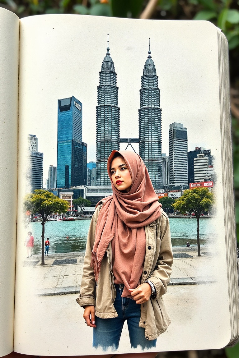 A hand-drawn notebook art illustration,  featuring a detailed sketch of a Malay woman in a hijab,  standing gracefully aga...