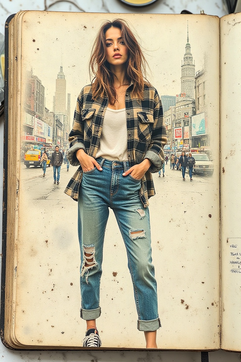 A smudged notebook page with faint stains,  showcasing a hand-drawn sketch of a woman wearing a flannel shirt and denim je...
