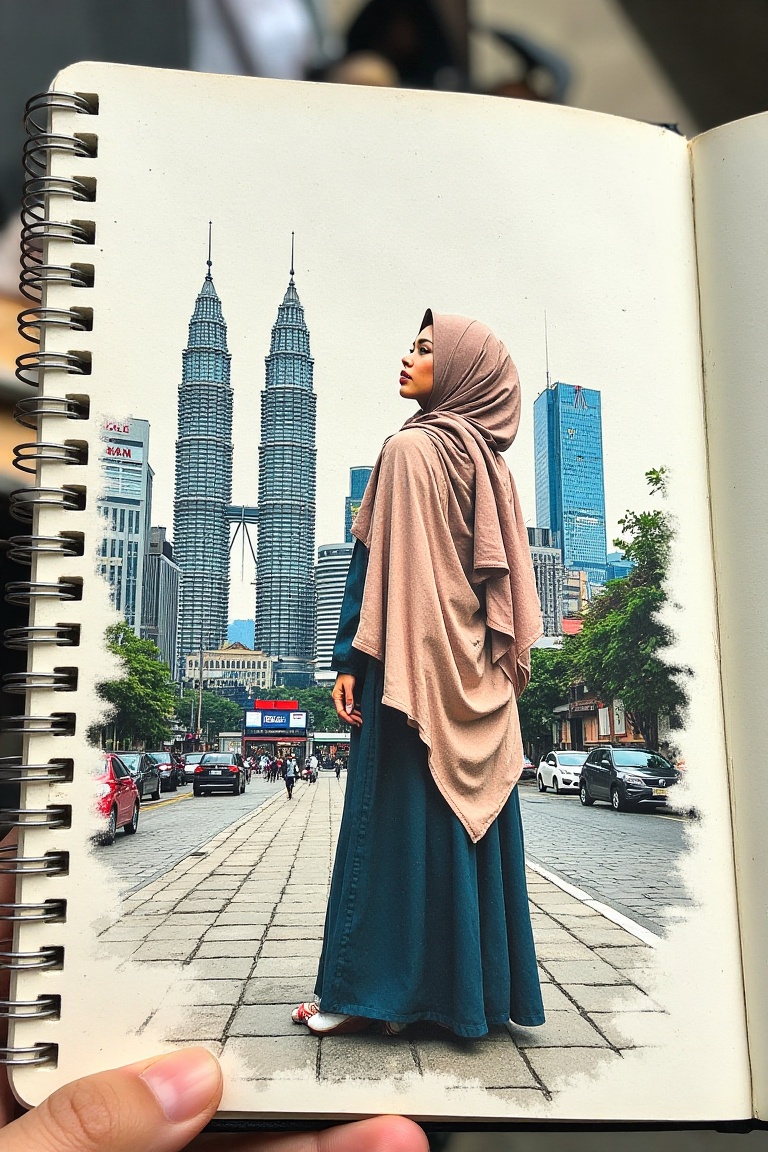 A hand-drawn notebook art illustration,  featuring a detailed sketch of a Malay woman in a hijab,  standing gracefully aga...