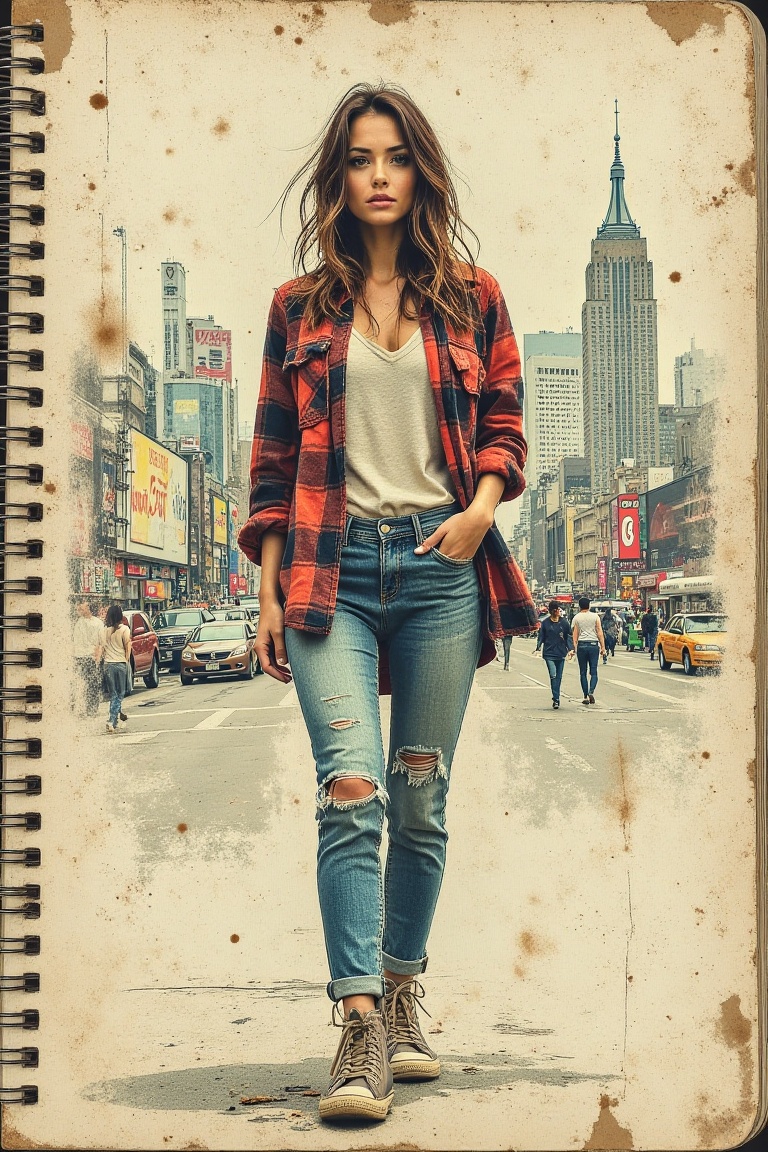 A smudged notebook page with faint stains,  showcasing a hand-drawn sketch of a woman wearing a flannel shirt and denim je...