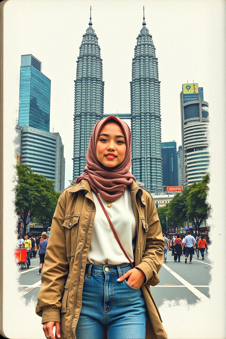 A detailed notebook art illustration of a Malay woman wearing a hijab in casual attire,  standing confidently in Kuala Lum...