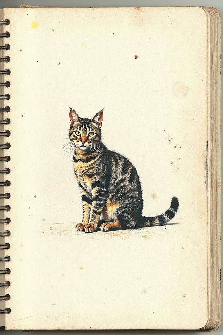 A smudged notebook page with faint stains,  featuring a hand-drawn sketch of a tabby cat. The cat is depicted in a relaxed...