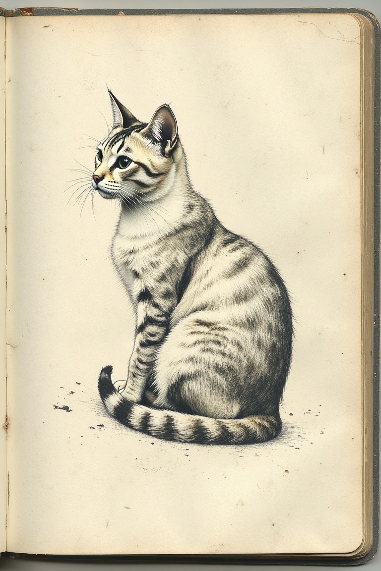 A smudged notebook page with faint stains,  featuring a hand-drawn sketch of a tabby cat. The cat is depicted in a relaxed...