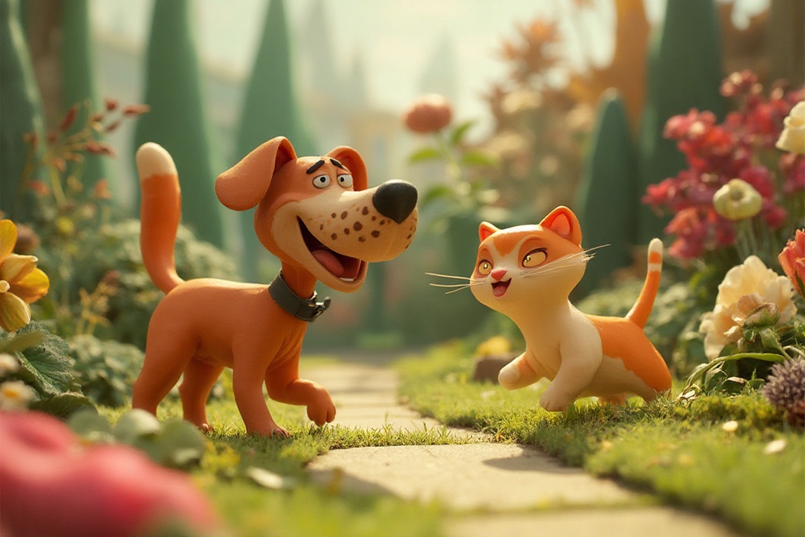 A whimsical caymation animation depicts a playful dog and curious cat exploring a vibrant,  hand-drawn garden. The canine'...