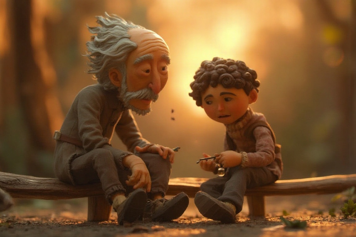 A warm,  golden light illuminates a whimsical scene of an elderly gentleman,  wisps of gray hair framing his kind face on...