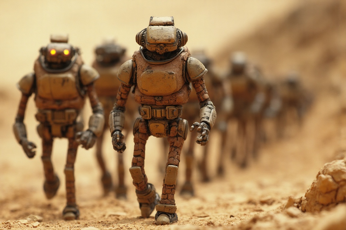 A stop-motion animation scene: A squad of rugged robotic soldiers marches in unison across a dusty,  beige-colored terrain...