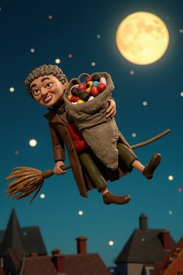 An image of the Befana,  a traditional old woman with a kind face and wearing a tattered shawl,  flying through the night...