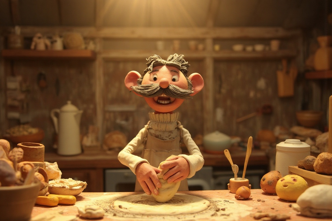 A whimsical claymation scene depicting a jovial baker with a bushy mustache and flour-dusted apron,  enthusiastically knea...