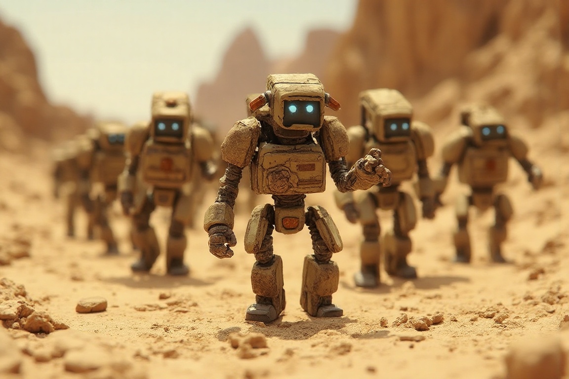 A stop-motion animation scene: A squad of rugged robotic soldiers marches in unison across a dusty,  beige-colored terrain...