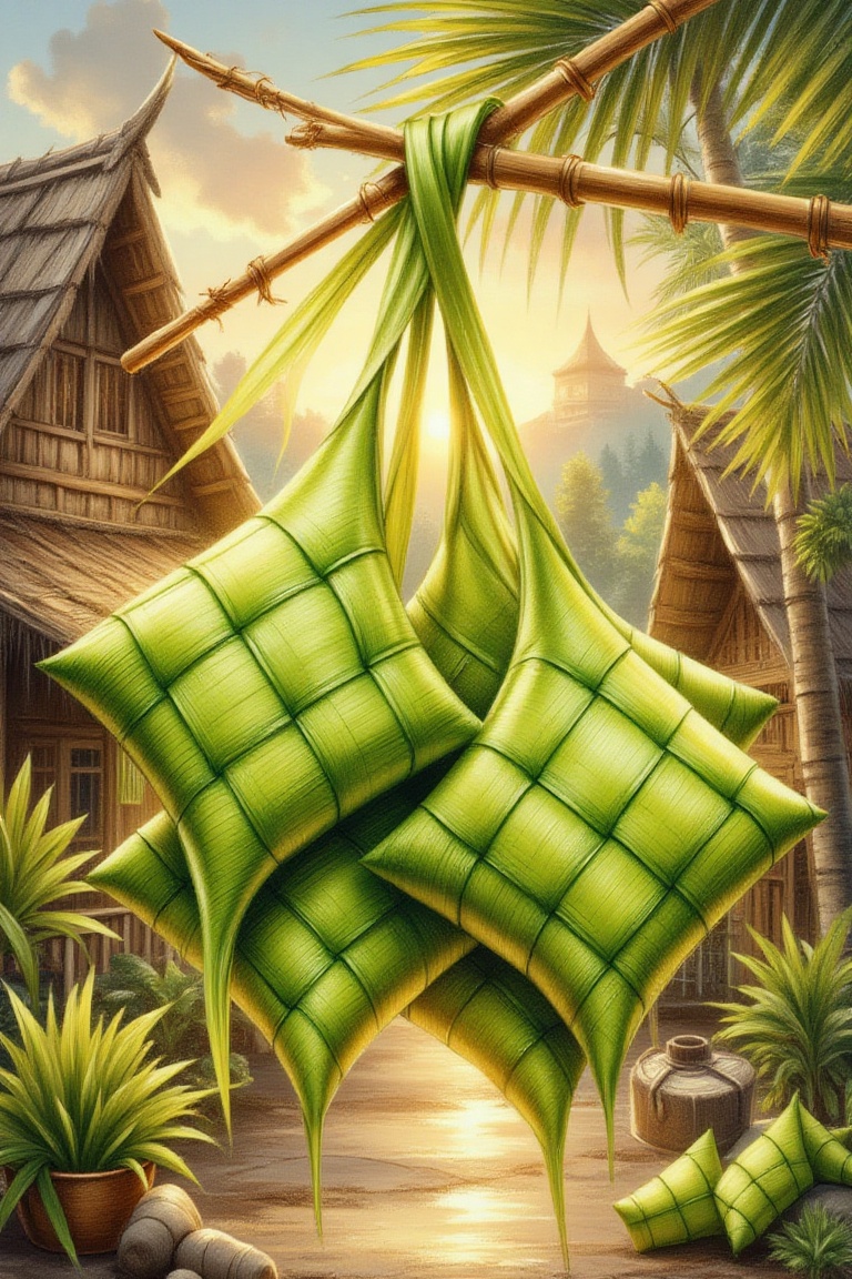 A cluster of fresh green ketupat with glossy palm leaves,  hanging from a bamboo frame,  bathed in warm golden light durin...