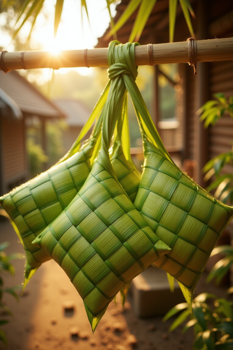 A cluster of fresh green ketupat with glossy palm leaves,  hanging from a bamboo frame,  bathed in warm golden light durin...