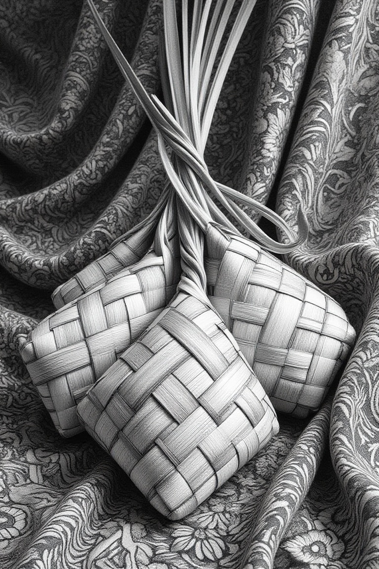 A serene black thick charcoal sketch captures the essence of a monochromatic black and white Single ketupat,  Freshly wove...