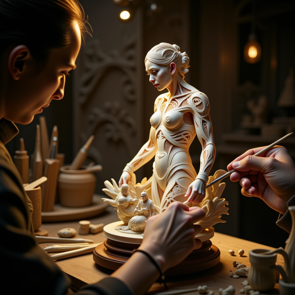 A dimly lit workshop scene: a fighter skeleton carving,  rendered in exquisite 8K resolution,  sits atop a wooden pedestal...