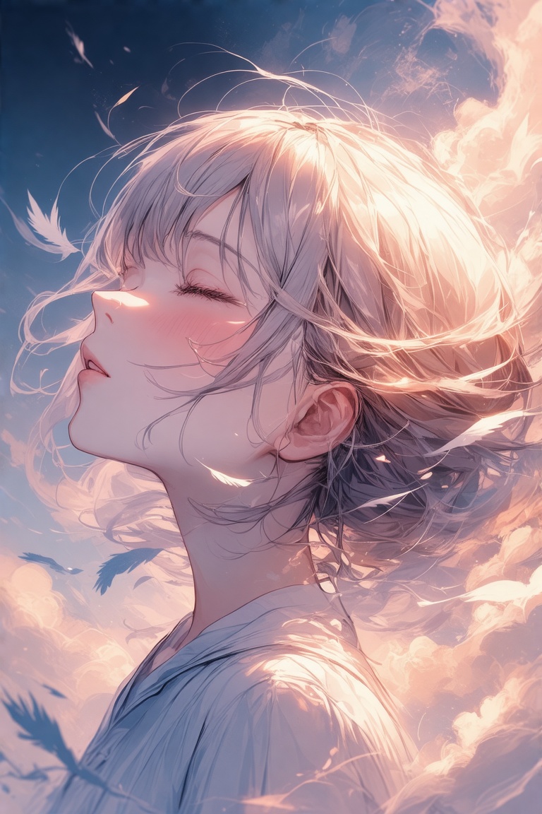 Digital artwork by ry012. A dreamy,  ethereal portrait of a girl,  set against an abstract background of swirling clouds a...