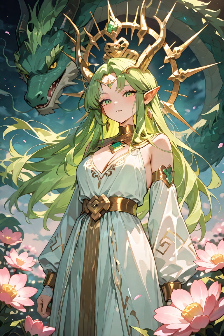 A serene scene where a woman,  adorned in a traditional green and white dress,  stands gracefully beside a majestic green...
