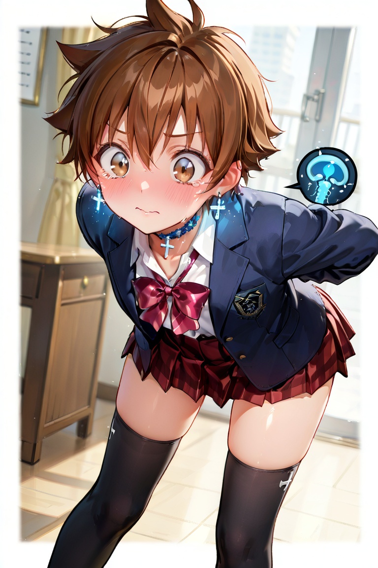 (blue glowing pubic hair tattoo visible through pleated skirt on lower body),  (uterus mark),  genital bat mark on Tensor.Art