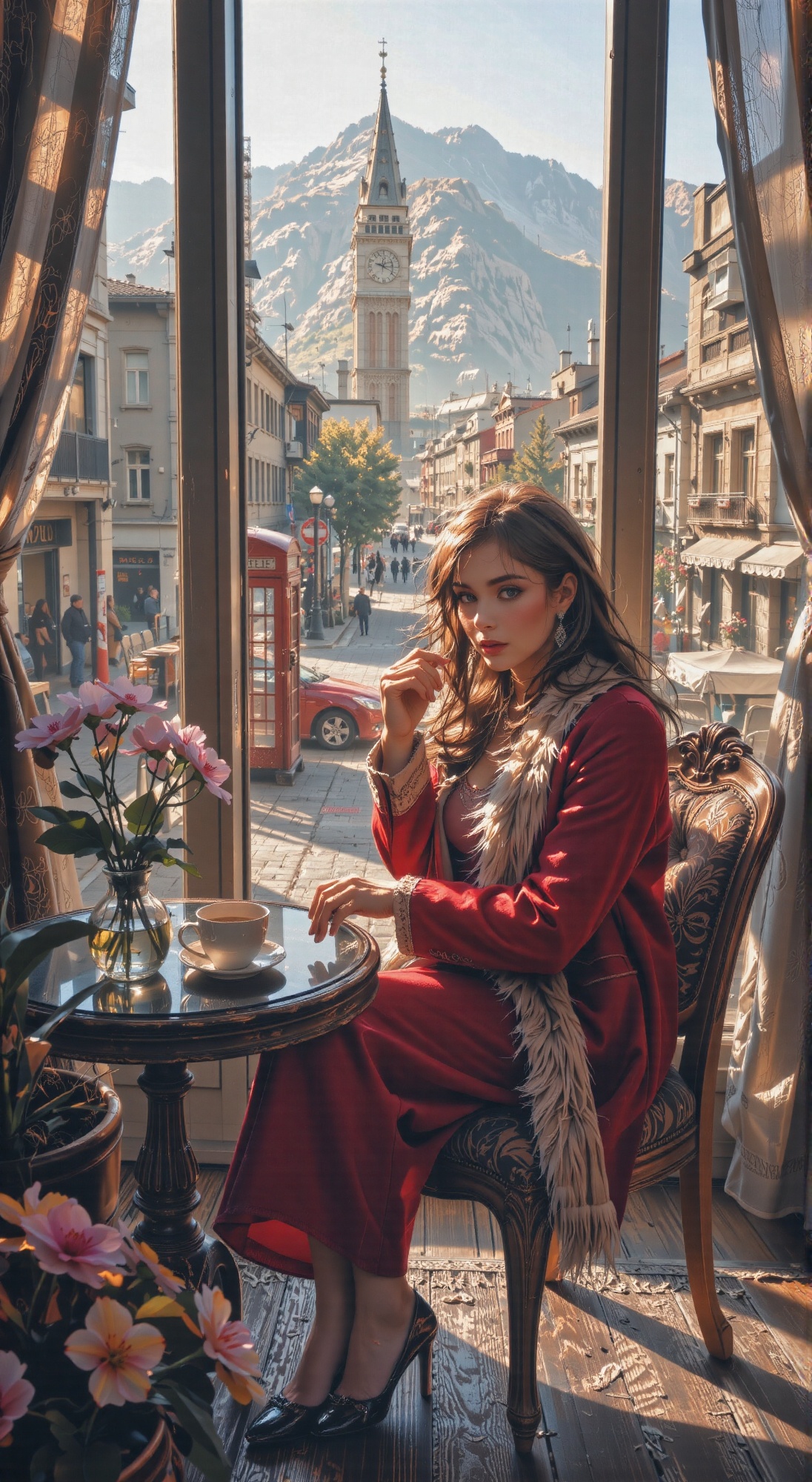 Close-up head portrait of an elegant woman seated inside a cozy cafe,  surrounded by large windows that frame her refined...