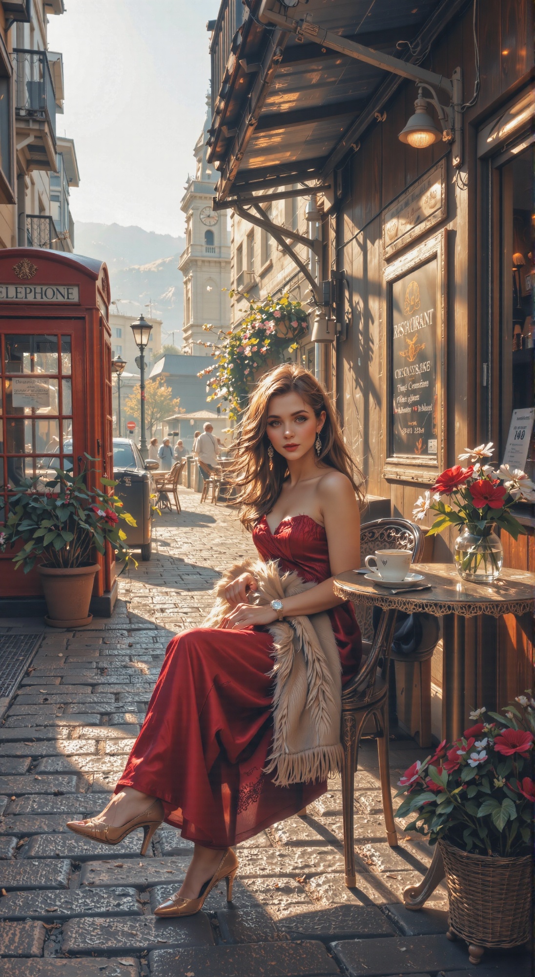 Golden morning light casts a warm glow on the refined features of a poised woman,  seated within a cozy cafe. She wears a...