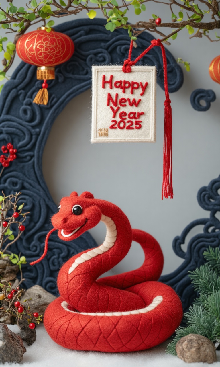 A Gorgeous and lovely red snake-shaped Felt\(hubgstyle)\ sculpture with a smile on its face. At the top of the scene is a...