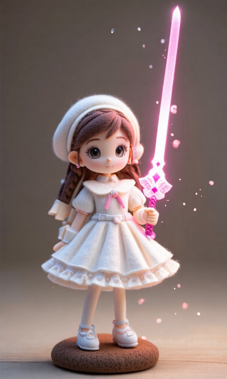 Close-up of the cute hubggirl Felt\(hubgstyle)\ sculpture with with White Lolita outfit ,  holding a glowing pink sword up...