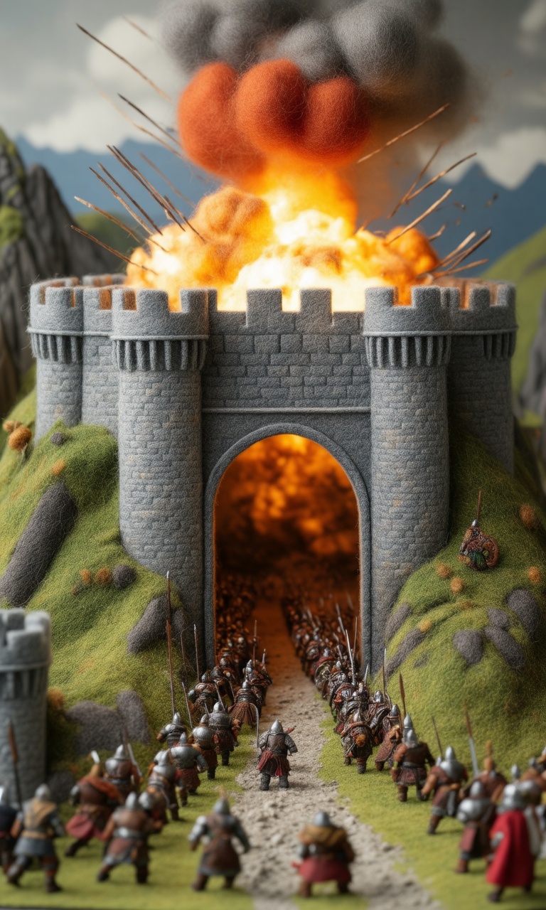 Close-up of the cute Felt\(hubgstyle)\ sculpture of miniature scene showing the Battle of the Helm's Deep,  tilt-shift pho...
