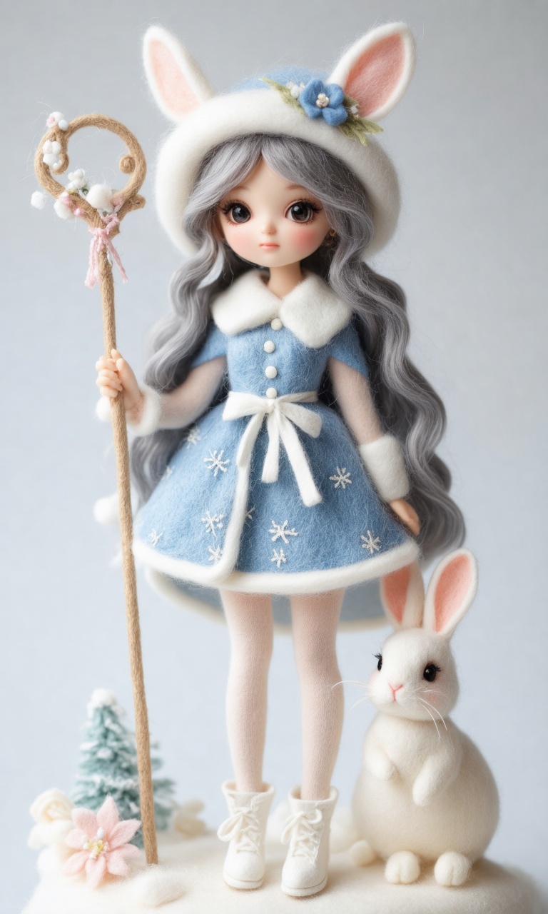 Close-up of the cute hubggirl Felt\(hubgstyle)\ sculpture with with White Lolita outfit ,  dress,  long hair on Tensor.Art