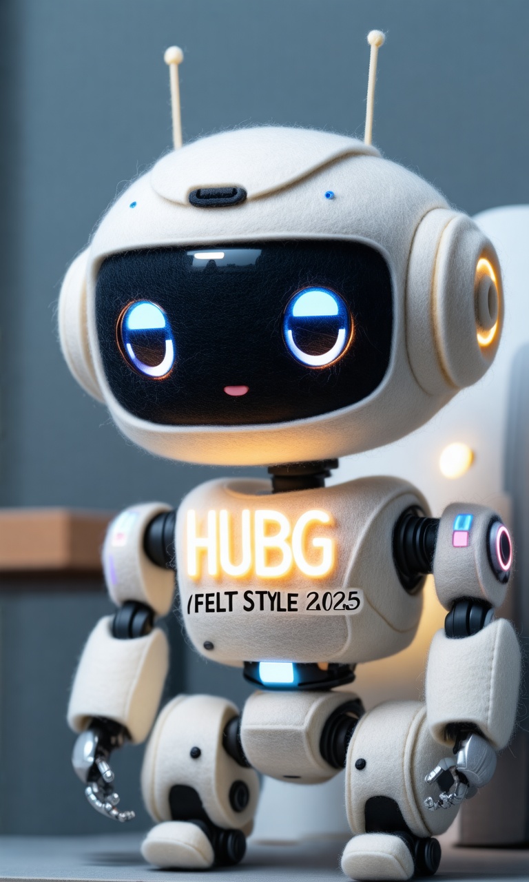 Close-up of the cute robot Felt\(hubgstyle)\ sculpture with illuminated text “HUBG SD3.5L / FELT STYLE 2025” in front of i...