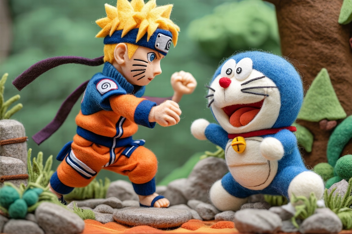 Close-up of a Felt\(hubgstyle)\ sculpture in the form of Naruto is dueling with Doraemon in a gorgeous on Tensor.Art