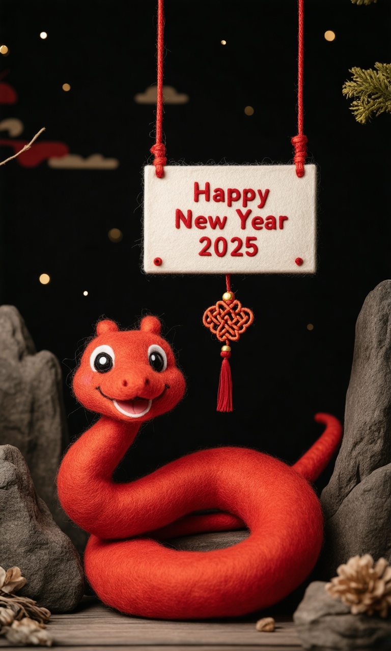 A bright and cute red snake-shaped Felt\(hubgstyle)\ sculpture with a smile on its face. At the top of the scene is a squa...