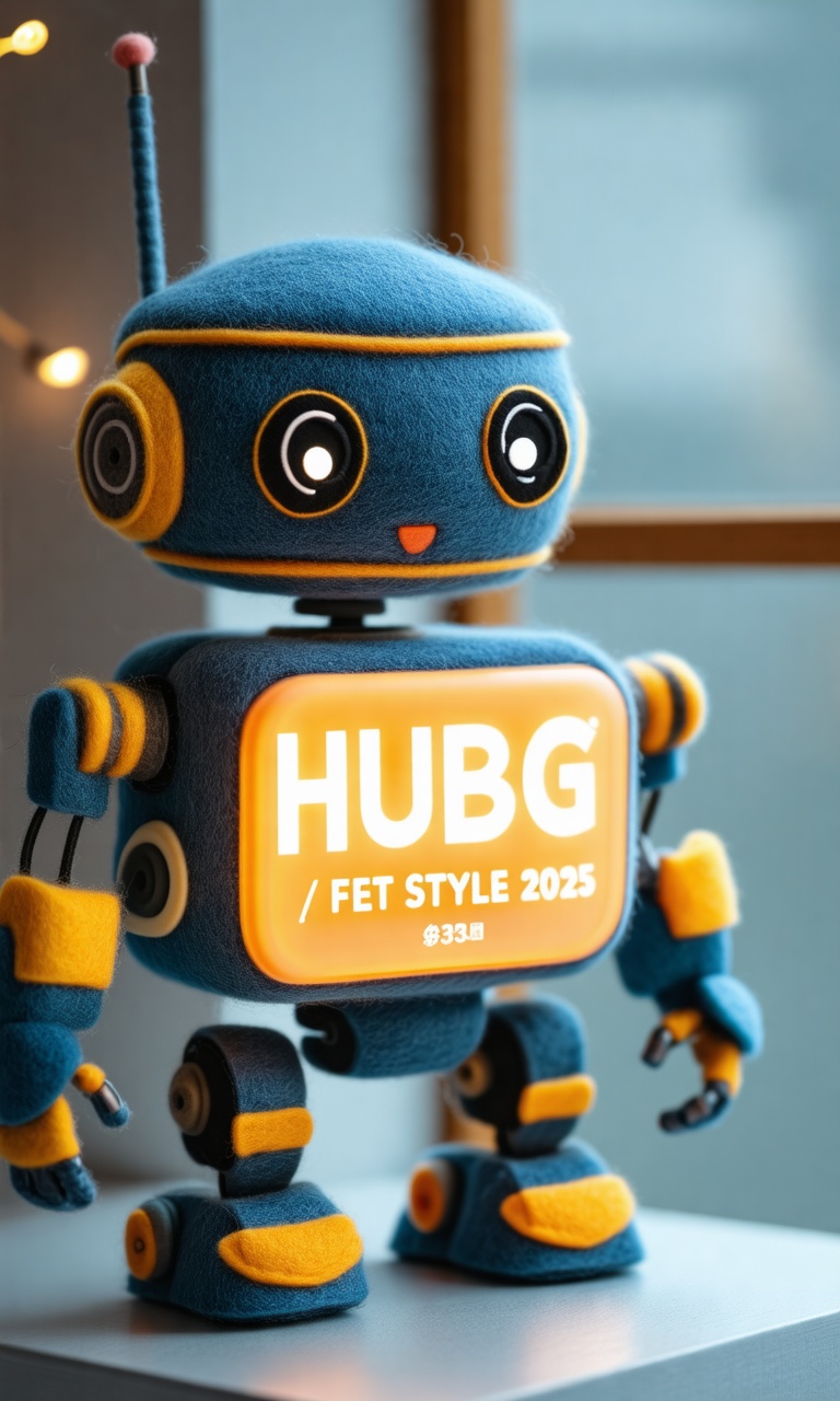 Close-up of the cute robot Felt\(hubgstyle)\ sculpture with illuminated text “HUBG SD3.5L / FELT STYLE 2025” in front of i...