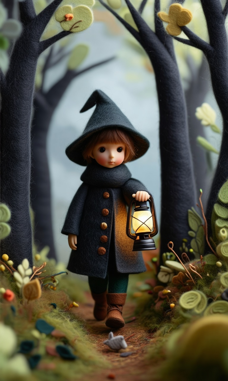 Close-up of a Felt\(hubgstyle)\ child holding a glowing lantern,  walking through a forest of felt trees,  A sophisticated...