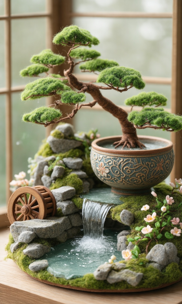 Close-up of the cute serene zen garden Felt\(hubgstyle)\ sculpture with featuring a tiny waterfall feeding into a shallow...