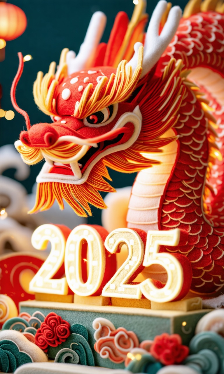 Close-up of a New Year's Felt\(hubgstyle)\ sculpture in the form of a red chinese dragon and the numbers 2025,  emitting l...